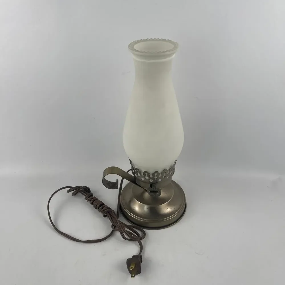 Vintage Electric Hurricane Lamp with White Floral Globe 12”